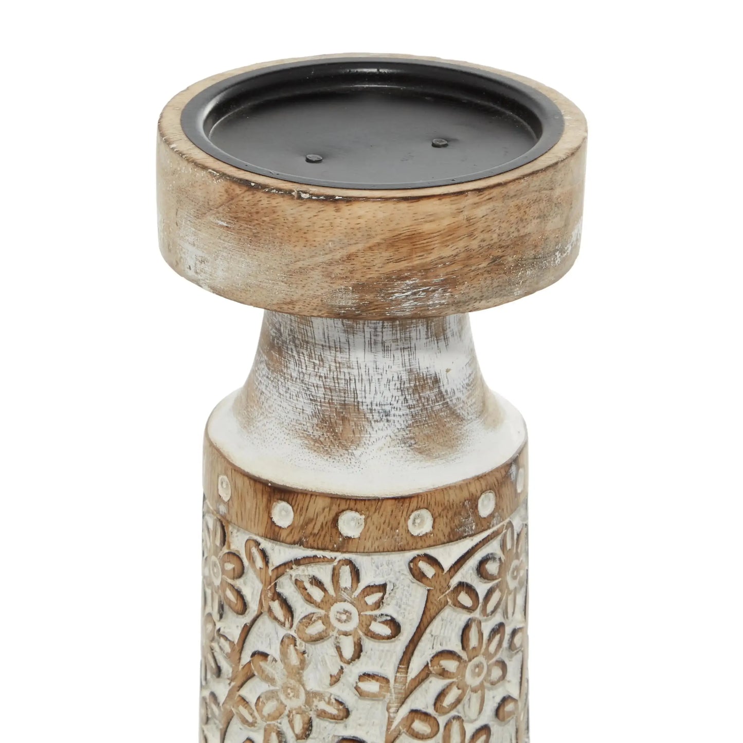 The brown decorative candle holder set is made of mango wood and iron candlesticks, making it both durable and elegant.