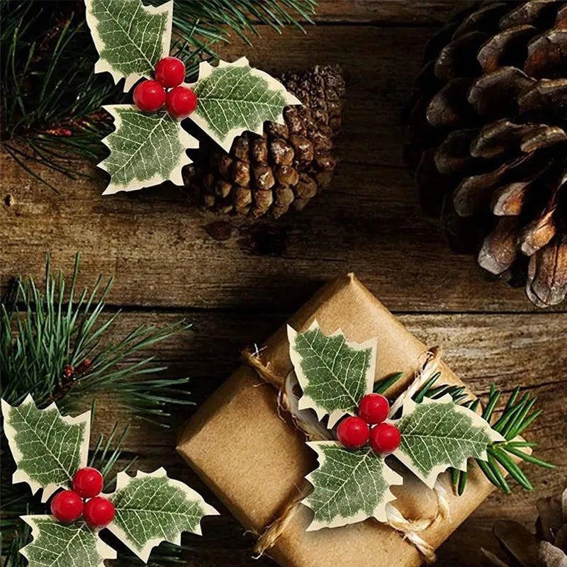 50/5Pcs Artificial Holly Berries With Green Leaves DIY Christmas Wreath Wedding Flower Gifts Xmas New Year Festival Decorations