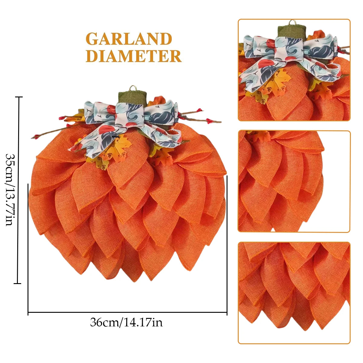 Autumn Pumpkin Wreath with Bows and Berries, 13.78in Front Door Fall Decorations for Home Porch Halloween Christmas Wall Decor