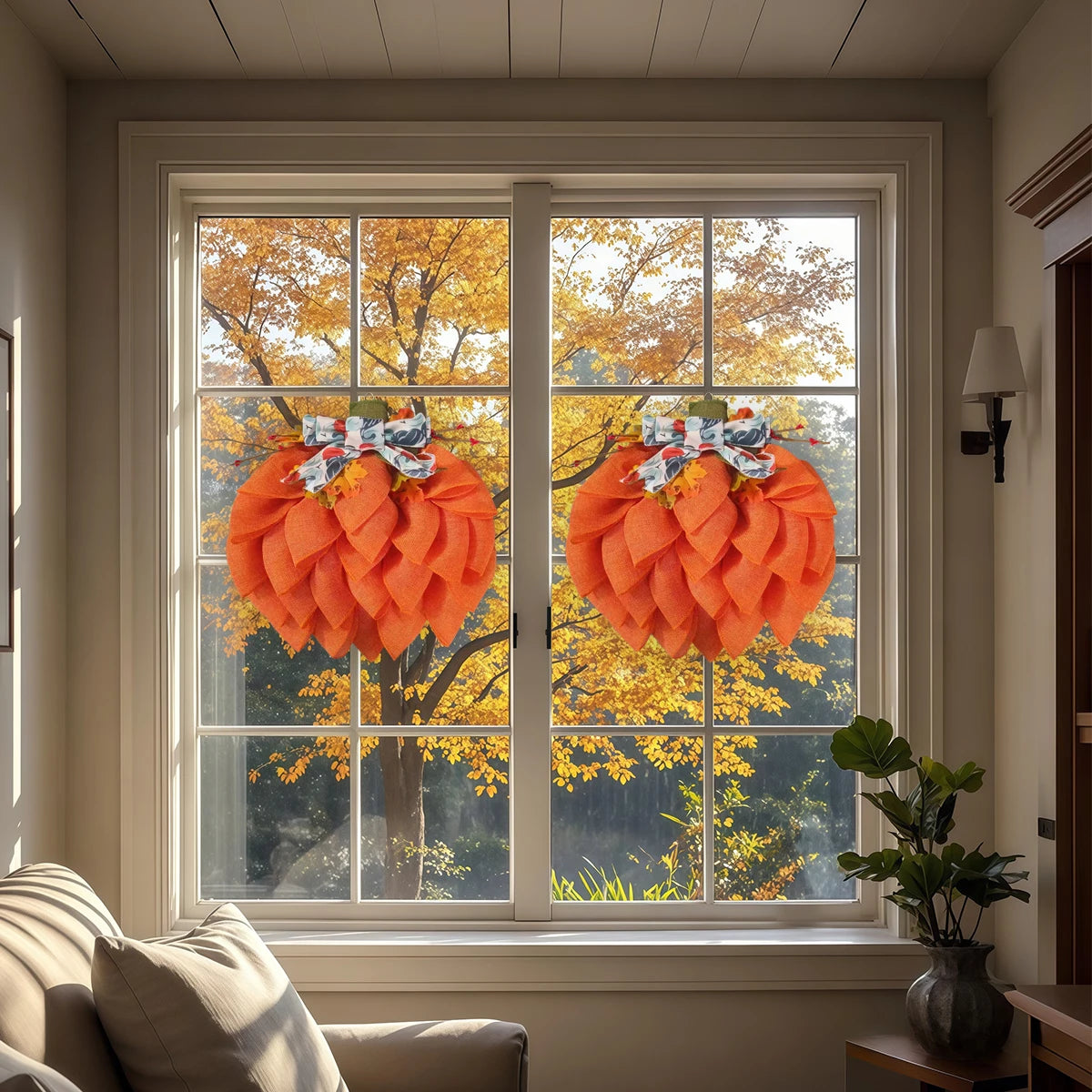 Autumn Pumpkin Wreath with Bows and Berries, 13.78in Front Door Fall Decorations for Home Porch Halloween Christmas Wall Decor