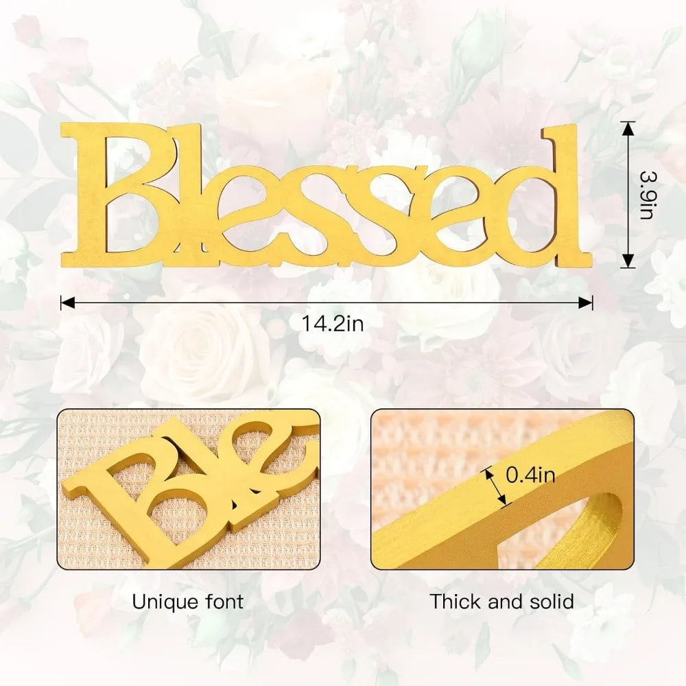 Blessed Letter Table Sign,Rustic Wooden Home Signs Decor (Gold)