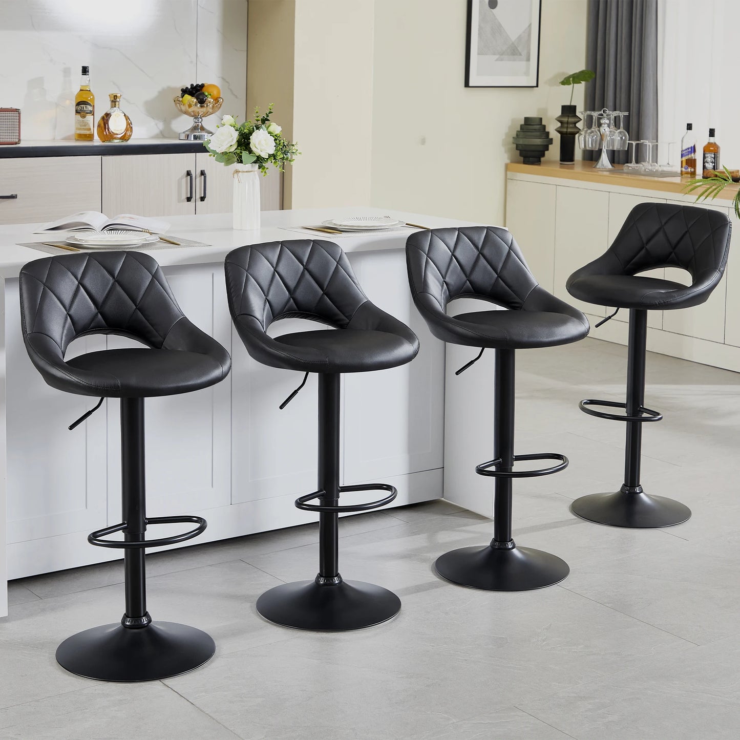 Swivel Barstools Set of 2 with Open Back/Footrest, Faux Leather Upholstered Adjustable Height Bar Stools