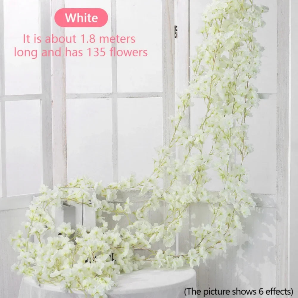 180cm Artificial Sakura Flowers Vine Wedding Party Home Decor Outdoor Garden Rose Arch Silk Scrapbook Background Wall Plants