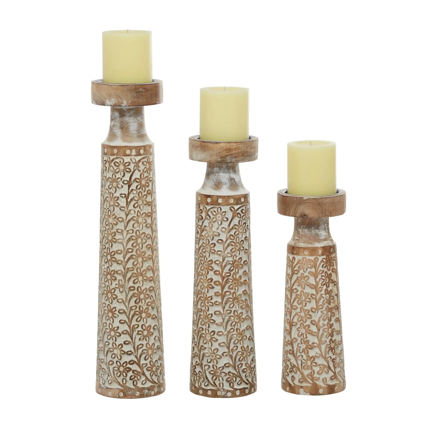 The brown decorative candle holder set is made of mango wood and iron candlesticks, making it both durable and elegant.