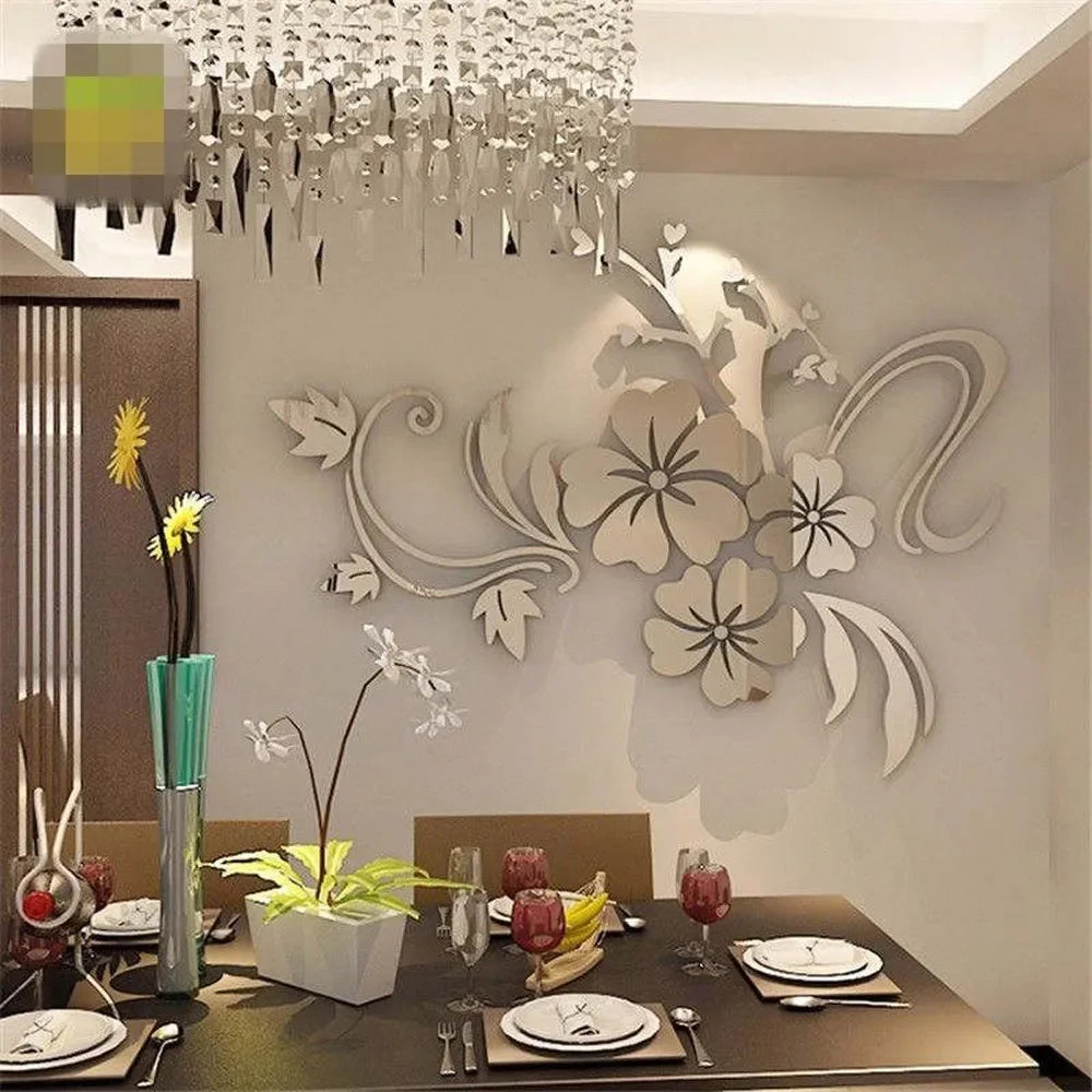 Acrylic Flower Mirror 3D Decorative Wall Stickers, Art Muralist for Bedroom Background Decoration Bathroom sign wall art