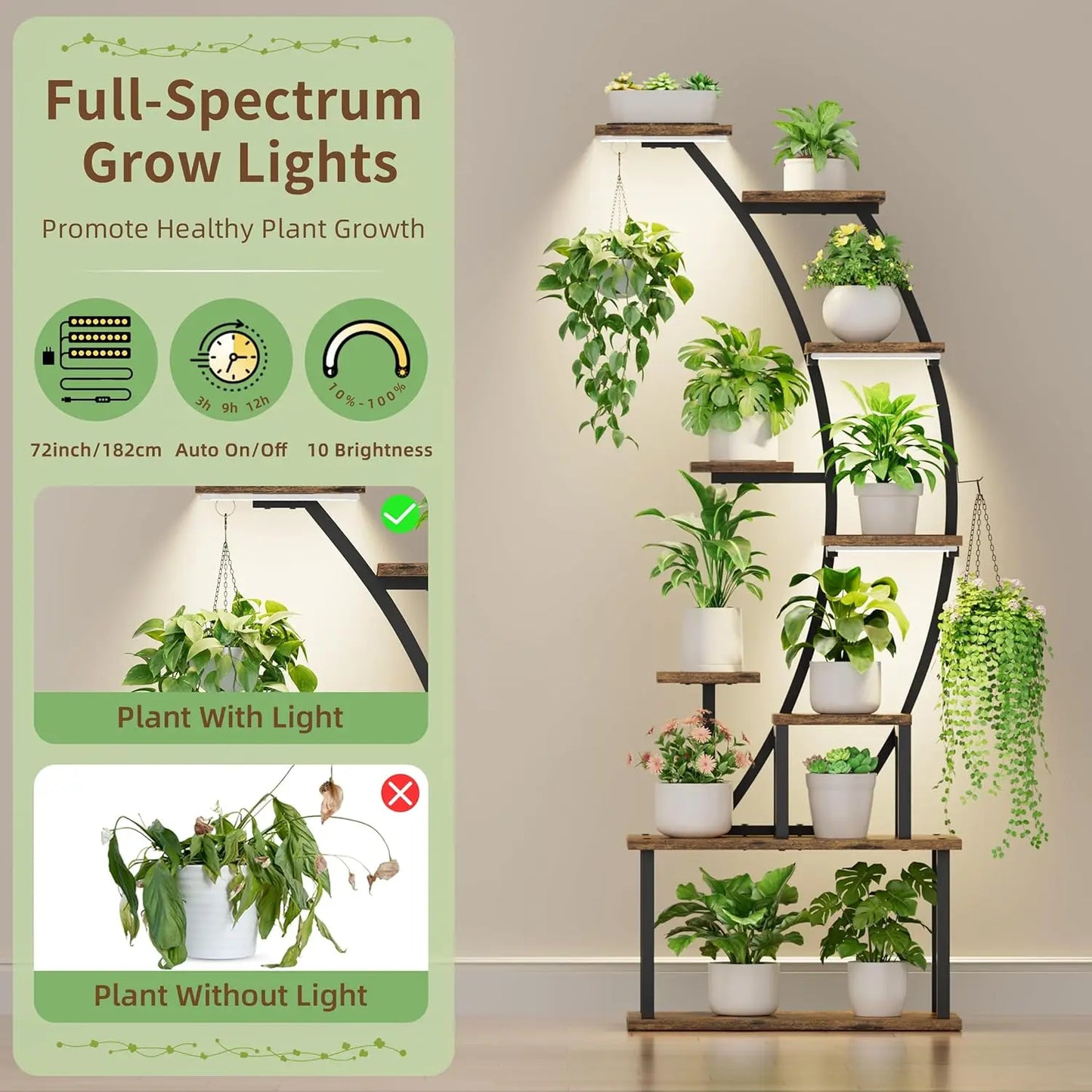 Plant Stand Indoor with Grow Lights 9 Tiered Corner Plant Holder Large Flower Display Shelves for Living Room Bedroom Home Decor