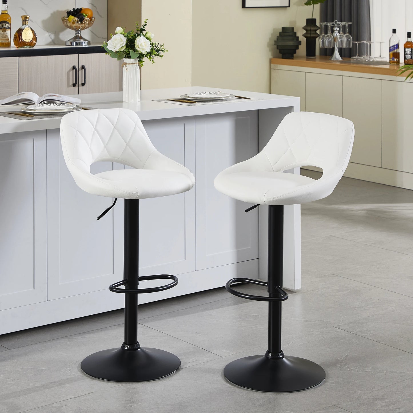 Swivel Barstools Set of 2 with Open Back/Footrest, Faux Leather Upholstered Adjustable Height Bar Stools