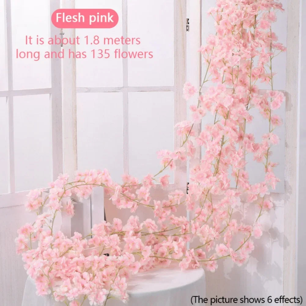 180cm Artificial Sakura Flowers Vine Wedding Party Home Decor Outdoor Garden Rose Arch Silk Scrapbook Background Wall Plants