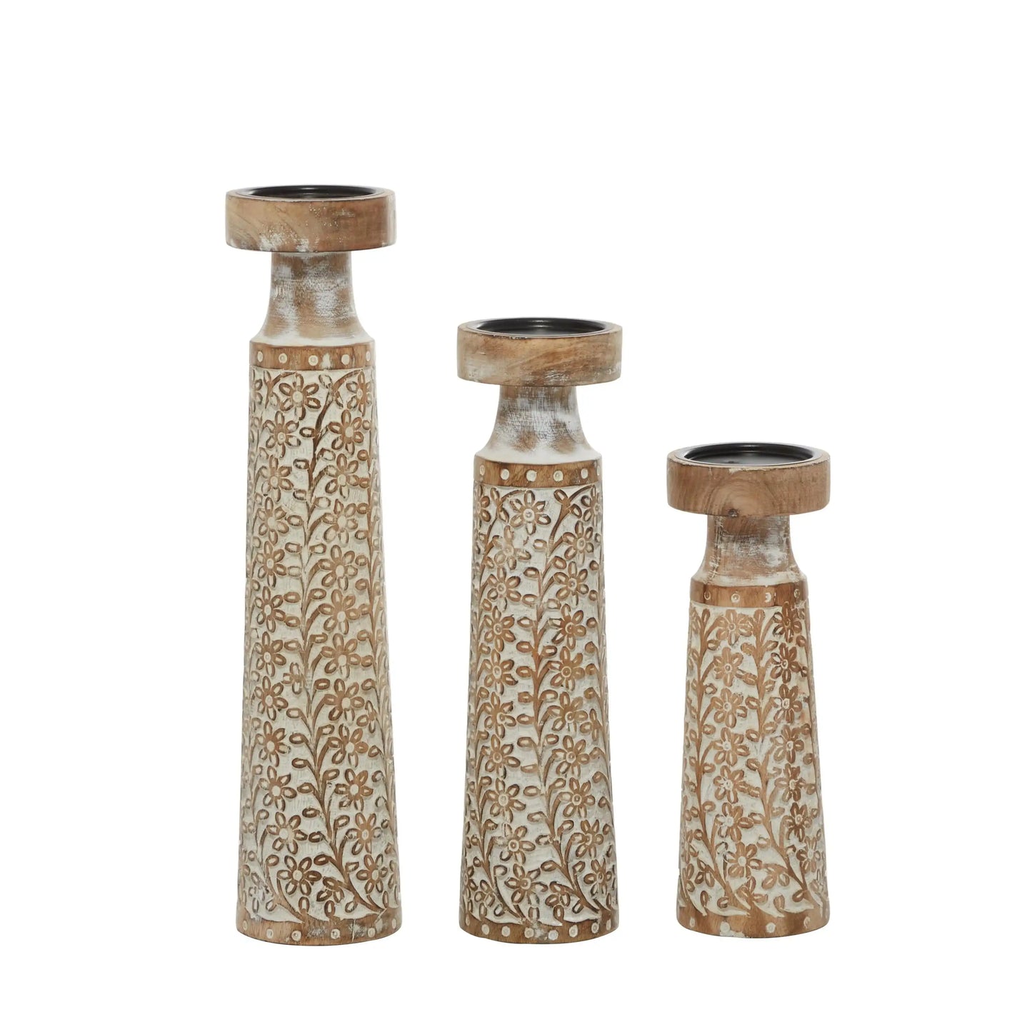 The brown decorative candle holder set is made of mango wood and iron candlesticks, making it both durable and elegant.