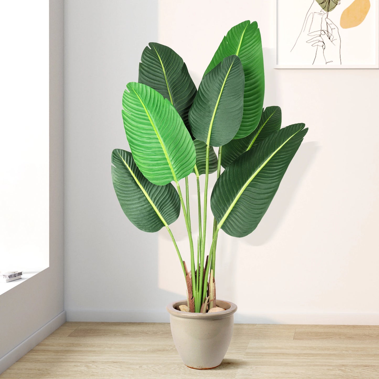 4Ft Aritificial Bird of Paradise Plant Fake Tropical Palm Tree with 8 Trunks Artificial Banana Leaf for Indoor Outdoor Decor
