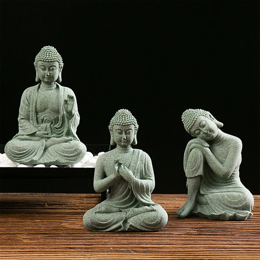 Green Sandstone Buddha Statue for Home Altar Meditation Room Decor Zen Buddhist Sculpture Spiritual Ornaments