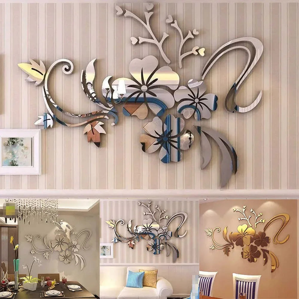 Acrylic Flower Mirror 3D Decorative Wall Stickers, Art Muralist for Bedroom Background Decoration Bathroom sign wall art