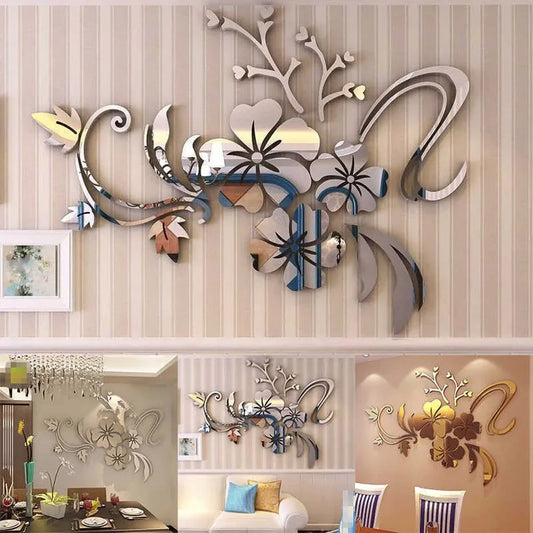 Acrylic Flower Mirror 3D Decorative Wall Stickers, Art Muralist for Bedroom Background Decoration Bathroom sign wall art