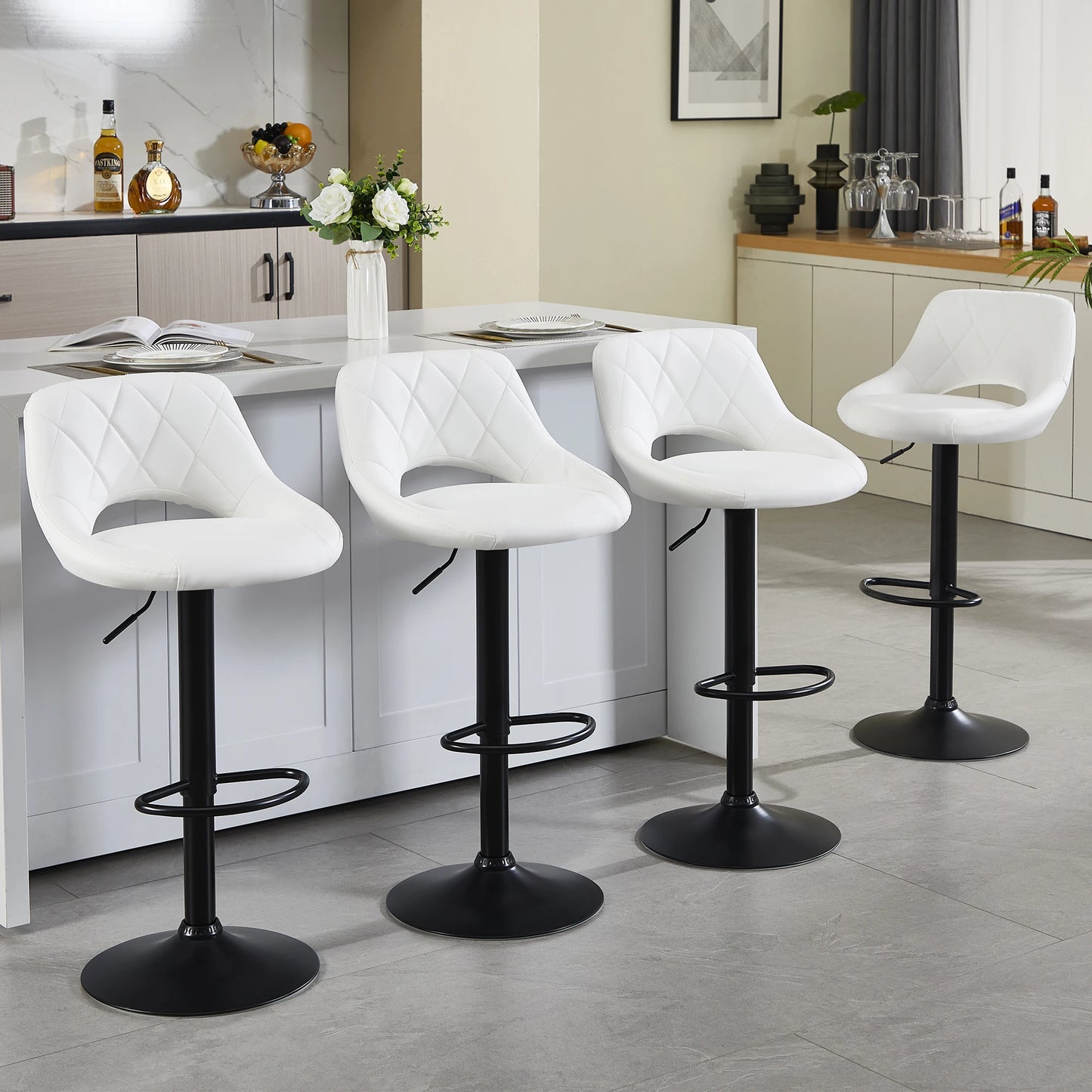 Swivel Barstools Set of 2 with Open Back/Footrest, Faux Leather Upholstered Adjustable Height Bar Stools