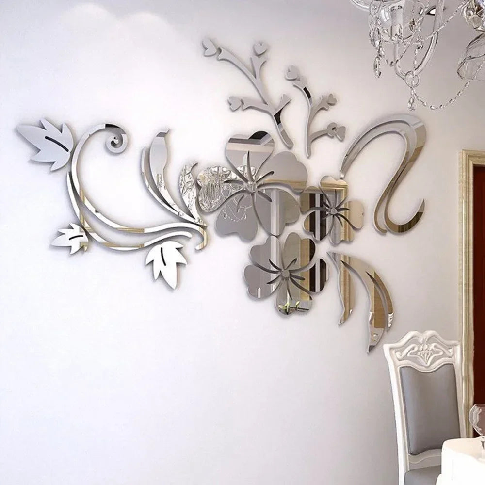 Acrylic Flower Mirror 3D Decorative Wall Stickers, Art Muralist for Bedroom Background Decoration Bathroom sign wall art