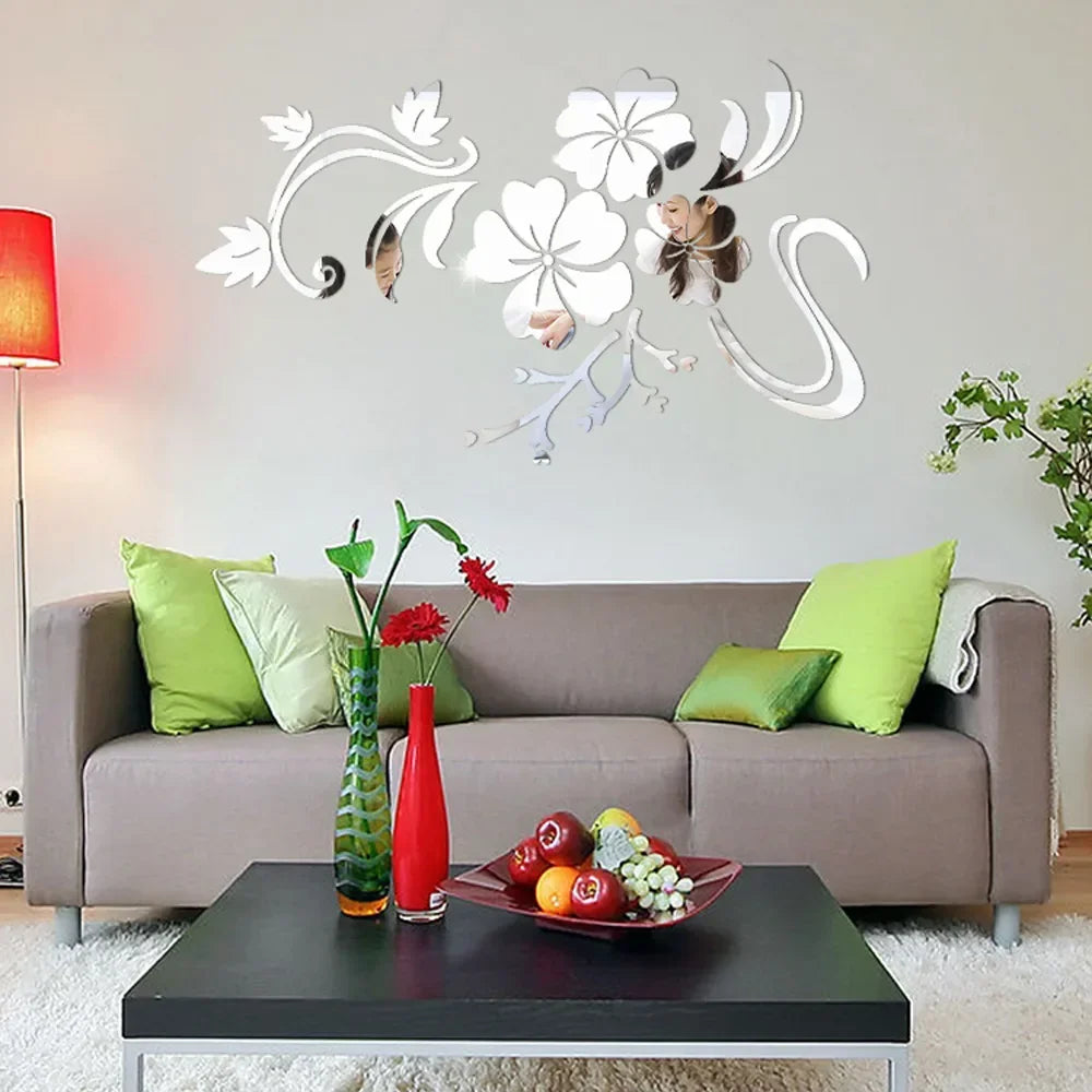 Acrylic Flower Mirror 3D Decorative Wall Stickers, Art Muralist for Bedroom Background Decoration Bathroom sign wall art