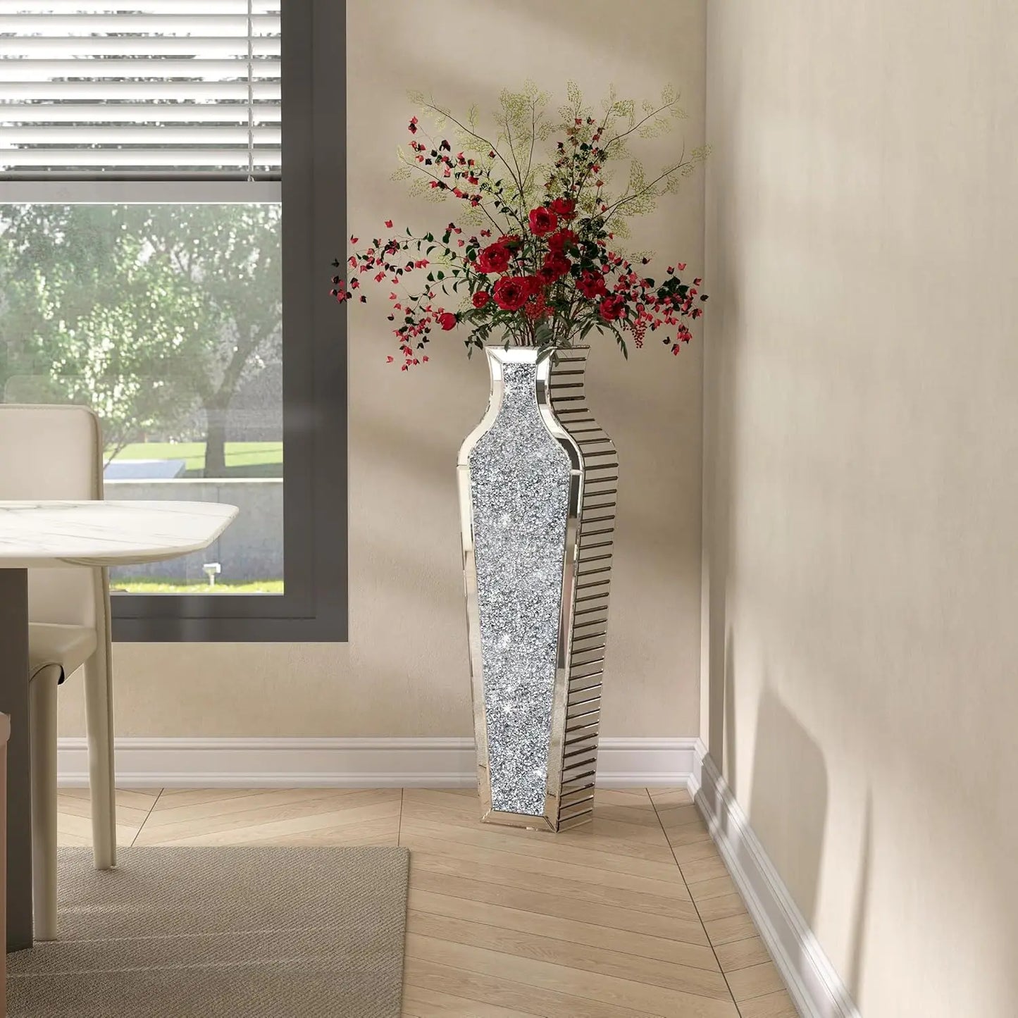 2 Shapes 68CM Crushed Diamond Decorative Mirrored Floor Vase Crystal Silver Glass Flower Vase for Pampas Grass Artificial Flower