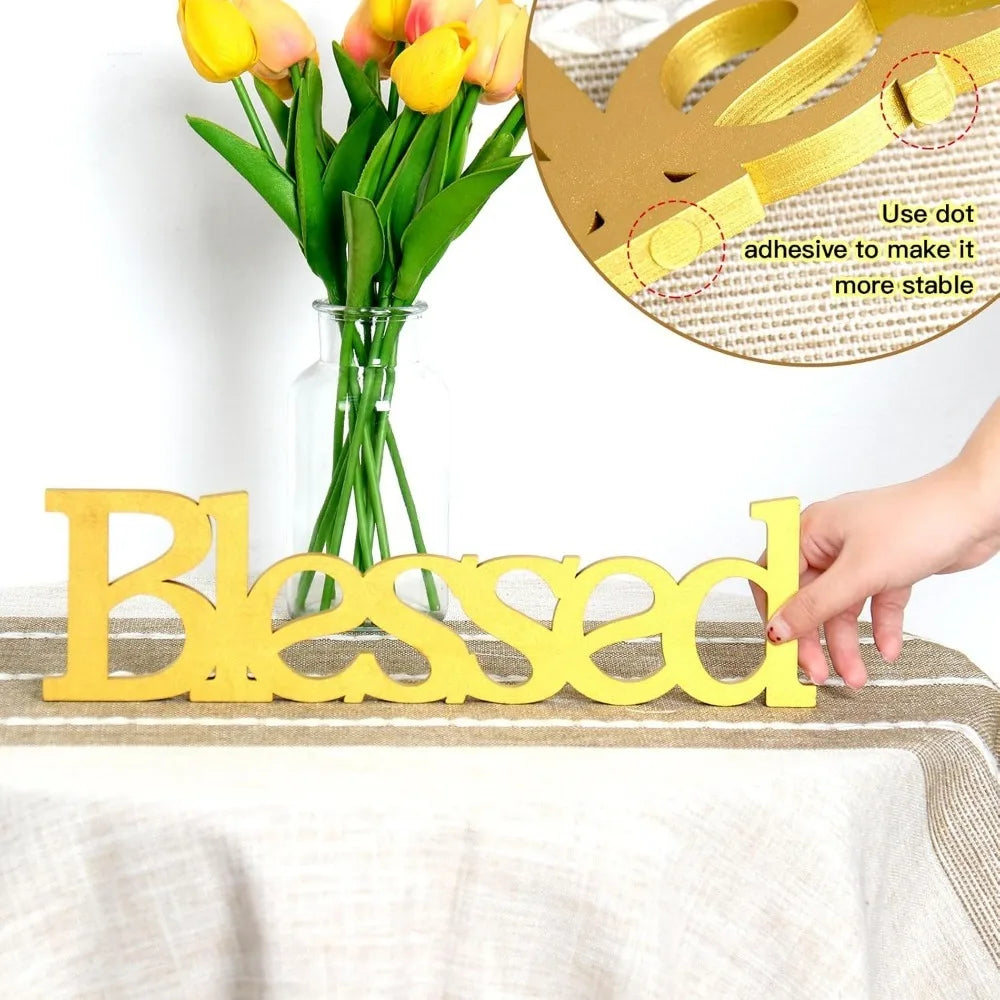 Blessed Letter Table Sign,Rustic Wooden Home Signs Decor (Gold)