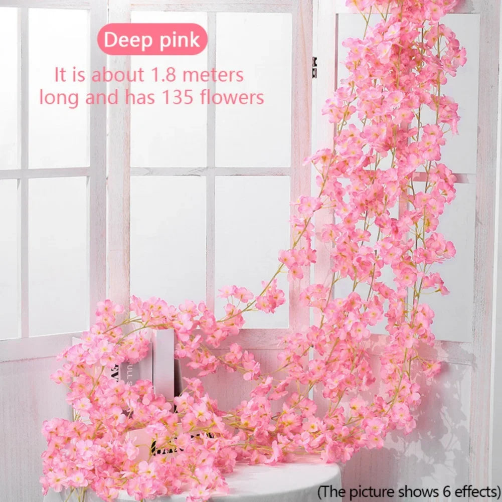 180cm Artificial Sakura Flowers Vine Wedding Party Home Decor Outdoor Garden Rose Arch Silk Scrapbook Background Wall Plants