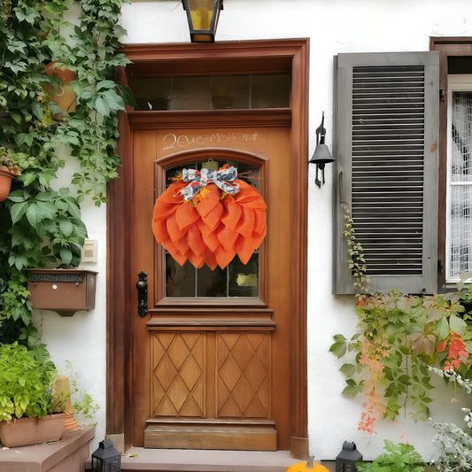Autumn Pumpkin Wreath with Bows and Berries, 13.78in Front Door Fall Decorations for Home Porch Halloween Christmas Wall Decor