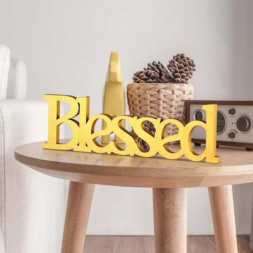 Blessed Letter Table Sign,Rustic Wooden Home Signs Decor (Gold)
