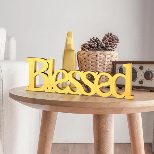 Blessed Letter Table Sign,Rustic Wooden Home Signs Decor (Gold)