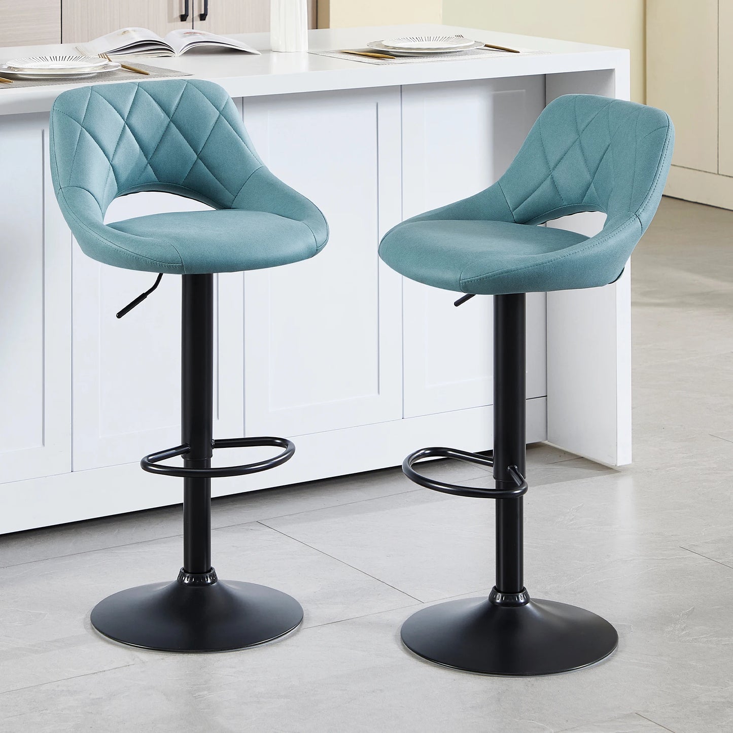 Swivel Barstools Set of 2 with Open Back/Footrest, Faux Leather Upholstered Adjustable Height Bar Stools