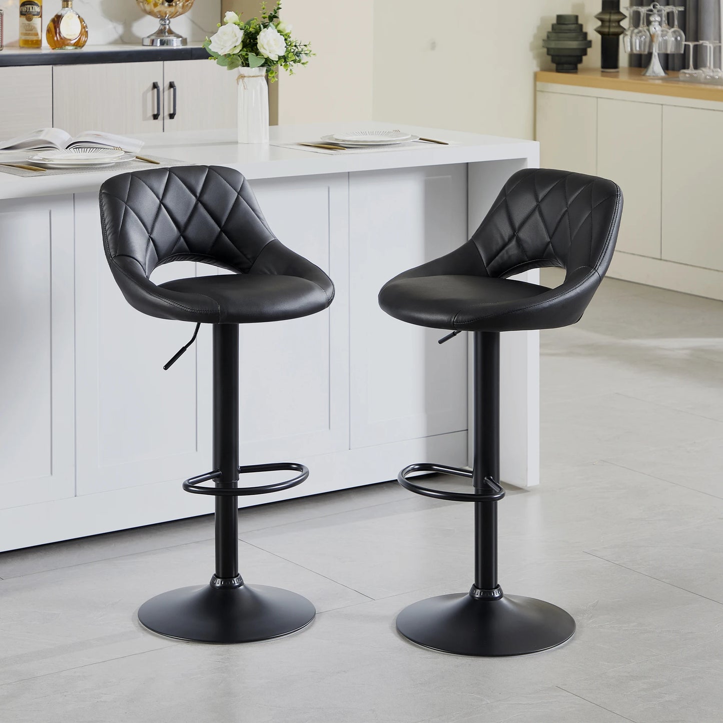 Swivel Barstools Set of 2 with Open Back/Footrest, Faux Leather Upholstered Adjustable Height Bar Stools