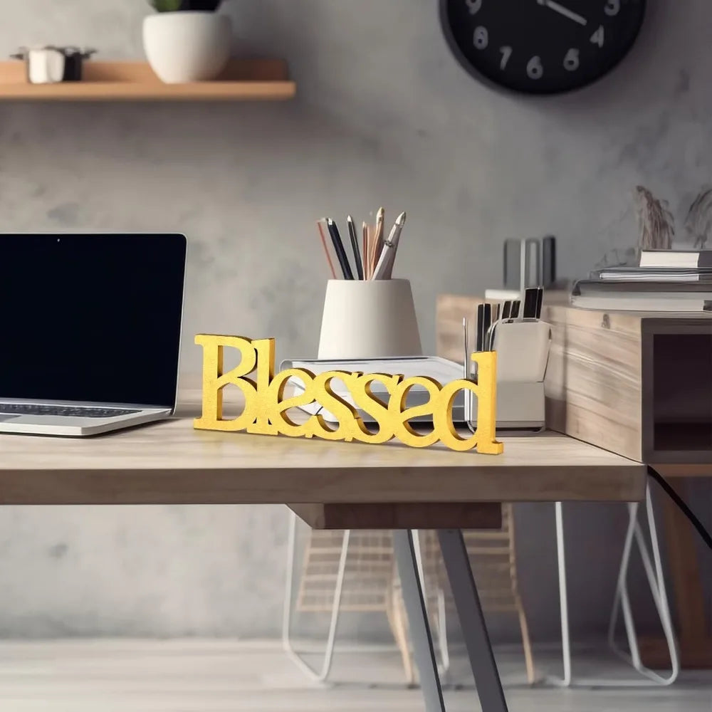 Blessed Letter Table Sign,Rustic Wooden Home Signs Decor (Gold)