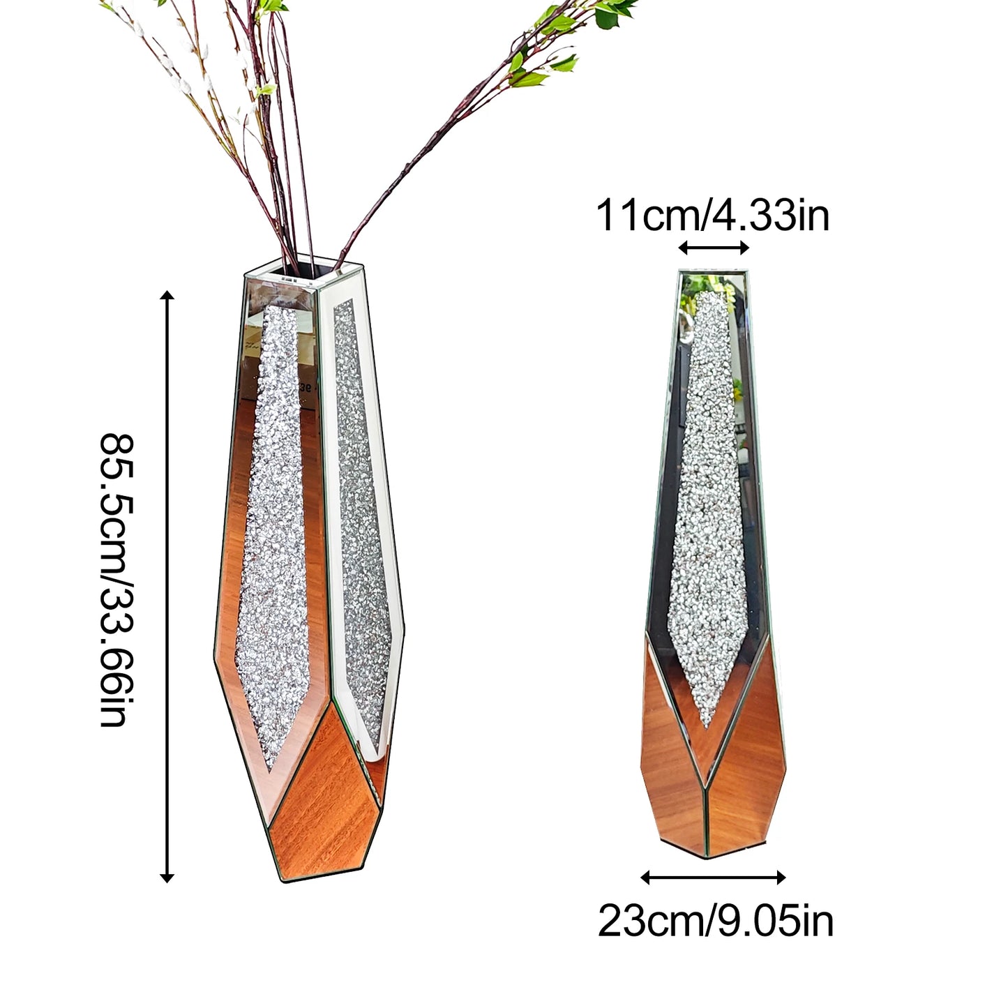 Tall Floor Mirror Vase, Large Crushed Diamond Glass Vase for Home Decor Modern Crystal Centerpiece for Living Room