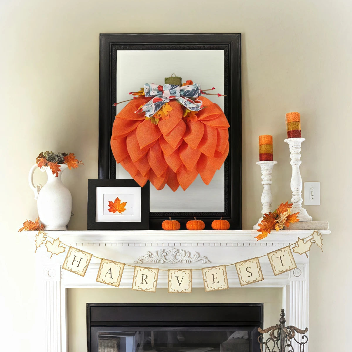 Autumn Pumpkin Wreath with Bows and Berries, 13.78in Front Door Fall Decorations for Home Porch Halloween Christmas Wall Decor